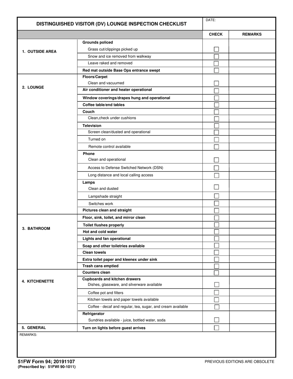 51 FW Form 94 Distinguished Visitor (Dv) Lounge Inspection Checklist, Page 1
