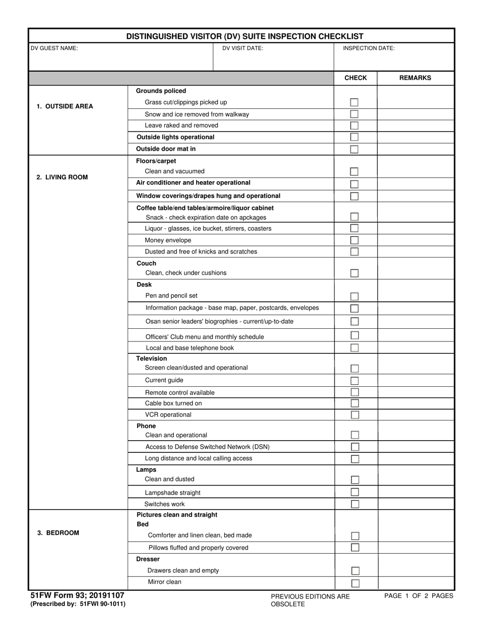51 FW Form 93 Distinguished Visitor (Dv) Suite Inspection Checklist, Page 1