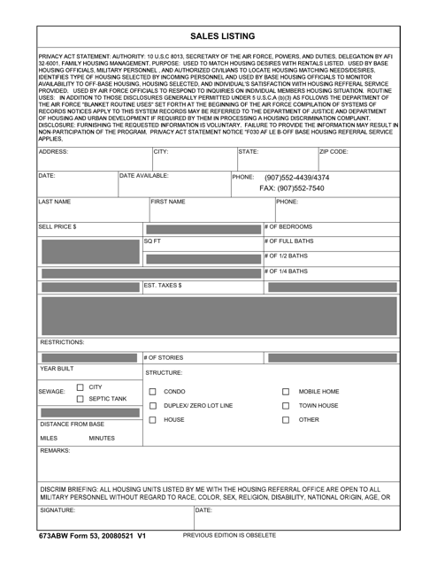 673 ABW Form 53  Printable Pdf