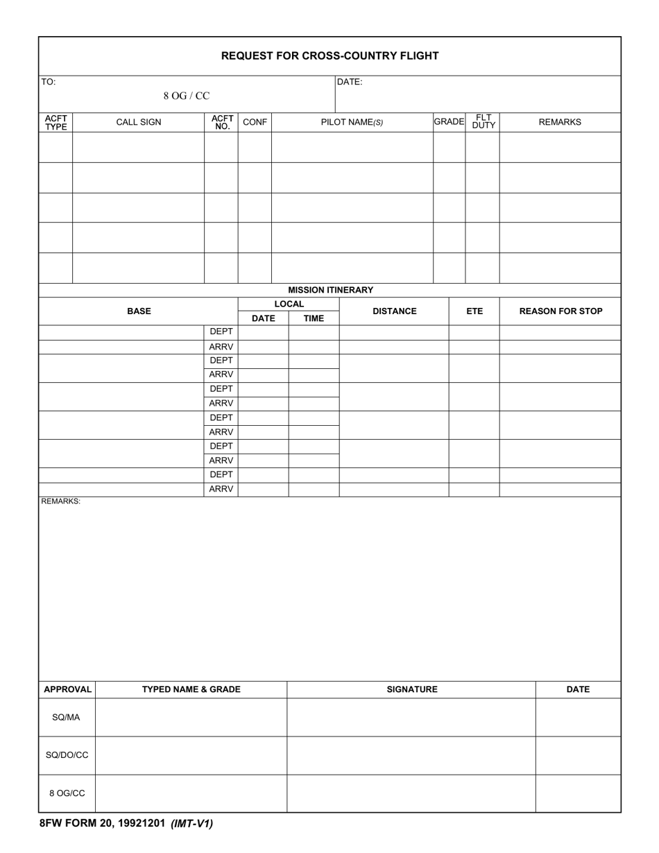 8 FW Form 20 Request for Cross-country Flight, Page 1