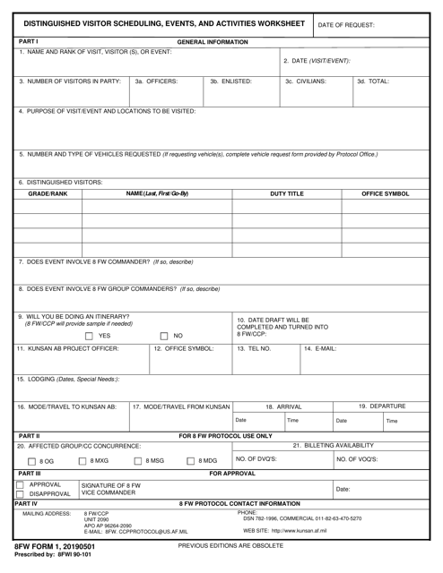 8 FW Form 1 Distinguished Visitor Scheduling, Events, and Activities Worksheet