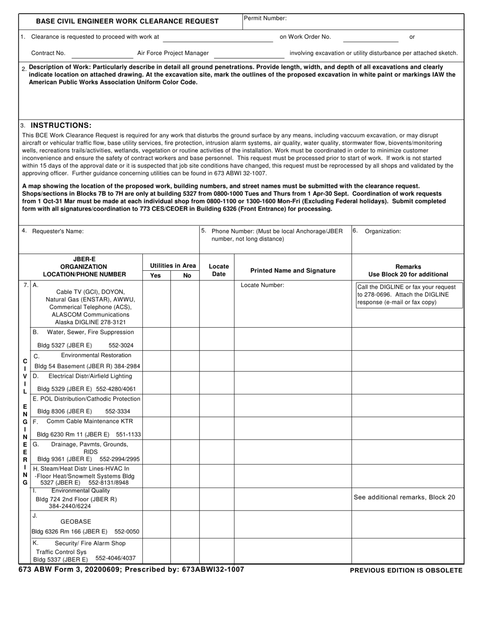673 ABW Form 3 Base Civil Engineer Work Clearance Request, Page 1
