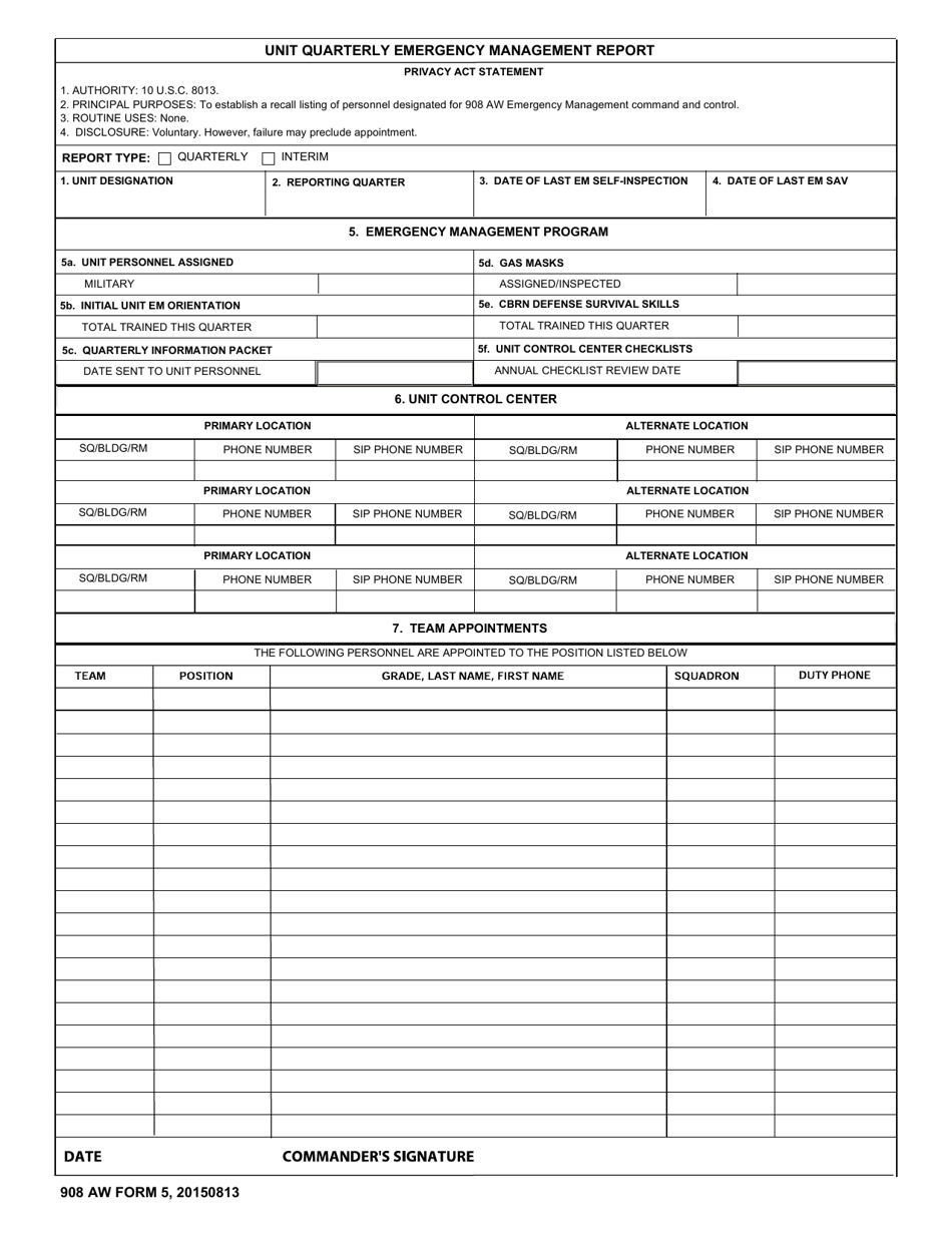 908 AW Form 5 Unit Quarterly Emergency Management Report, Page 1