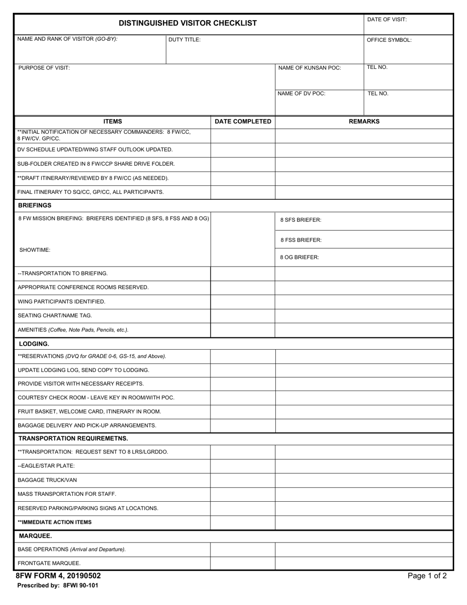 8 FW Form 4 Distinguished Visitor Checklist, Page 1