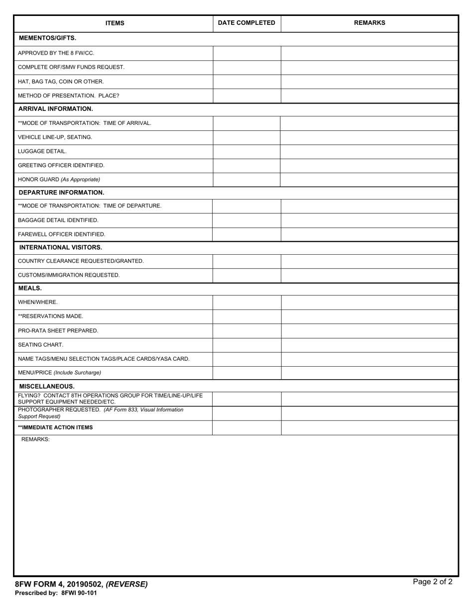 8 FW Form 4 Distinguished Visitor Checklist, Page 2