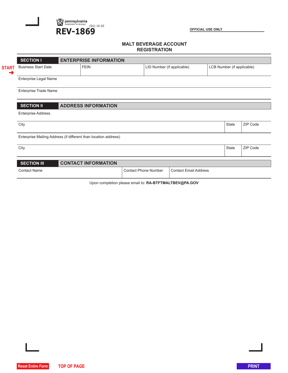 Form REV-1869 Malt Beverage Account Registration - Pennsylvania, Page 1