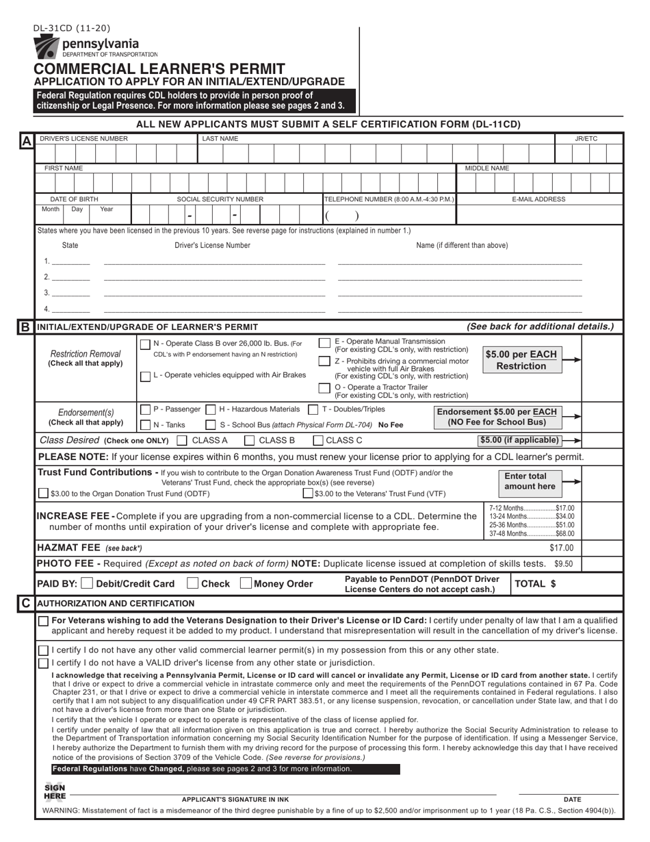 Form DL-31CD Commercial Learners Permit Application to Apply for an Initial / Extend / Upgrade - Pennsylvania, Page 1