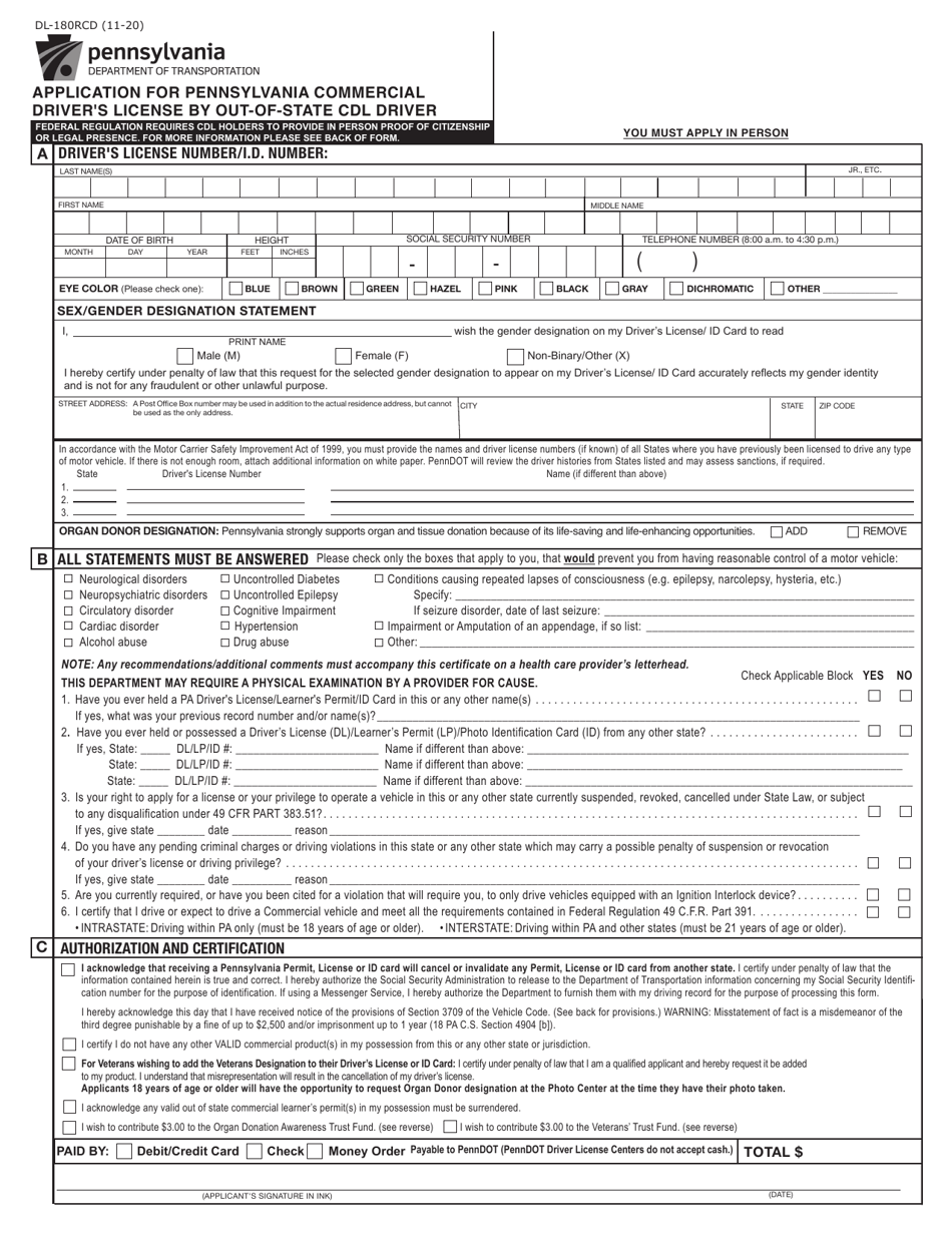 Form DL-180RCD Application for Pennsylvania Commercial Drivers License by Out-of-State Cdl Driver - Pennsylvania, Page 1