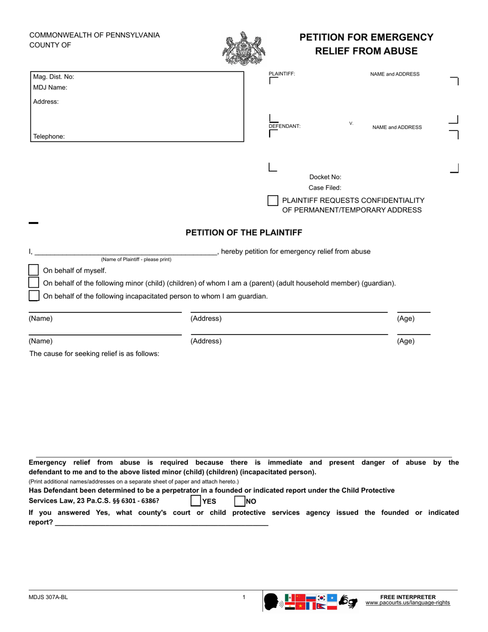Form MDJS307A-BL Petition for Emergency Relief From Abuse - Pennsylvania, Page 1
