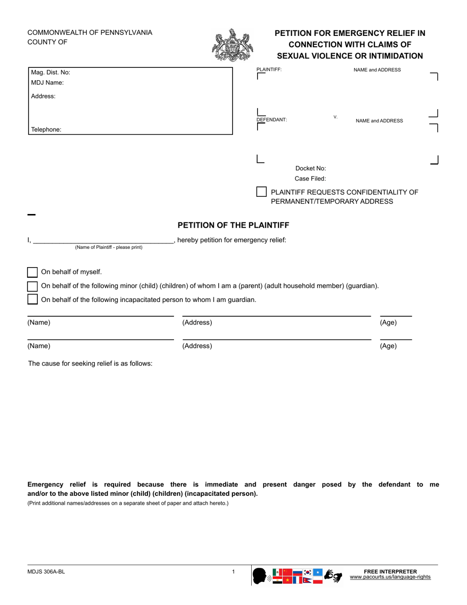 Form MDJS306A-BL Petition for Emergency Relief in Connection With Claims of Sexual Violence or Intimidation - Pennsylvania, Page 1