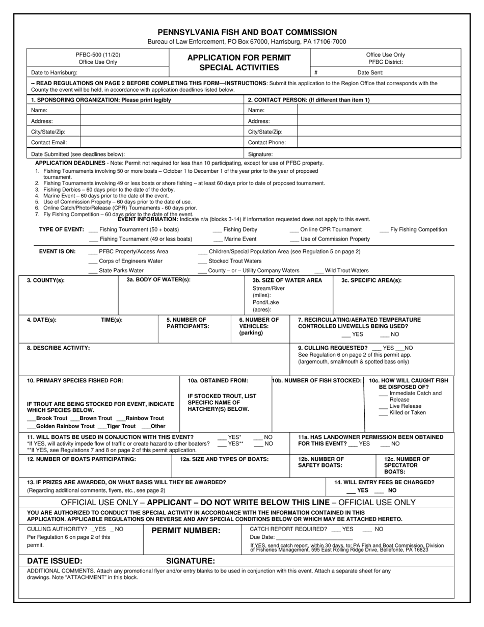 Form PFBC-500 Application for Permit Special Activities - Pennsylvania, Page 1