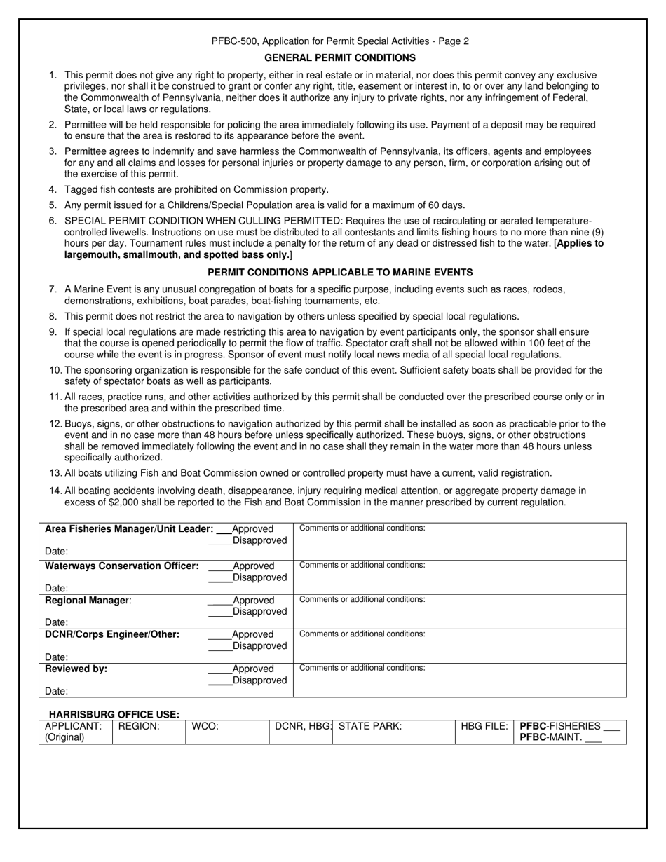 Form PFBC-500 Application for Permit Special Activities - Pennsylvania, Page 2