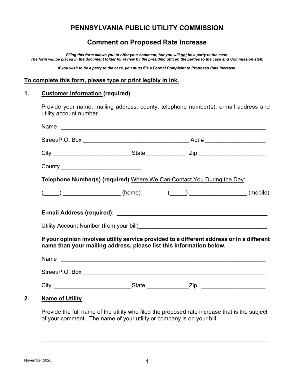Pennsylvania Comment on Proposed Rate Increase Download Printable PDF