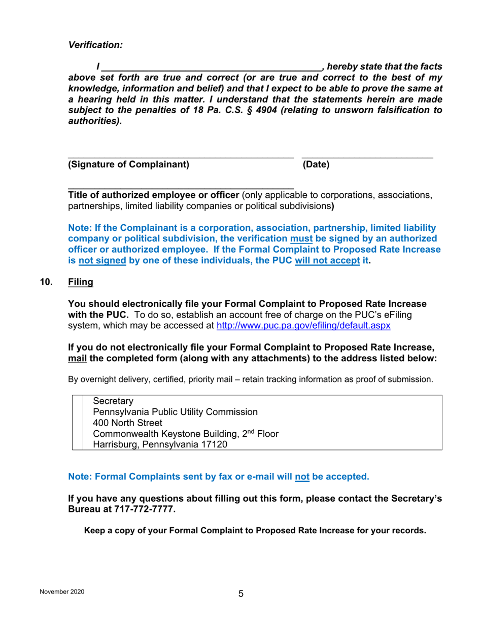 Formal Complaint to Proposed Rate Increase - Pennsylvania, Page 5