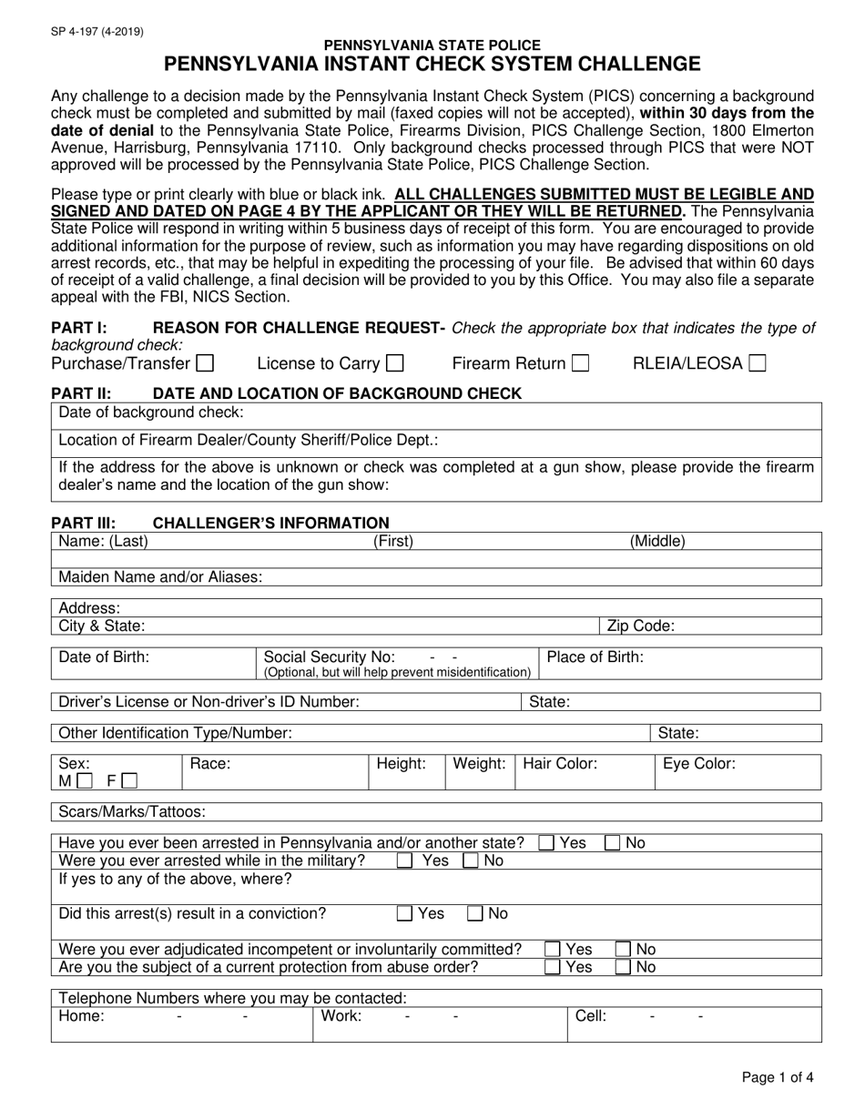 Form SP4-197 Pennsylvania Instant Check System Challenge - Pennsylvania, Page 1