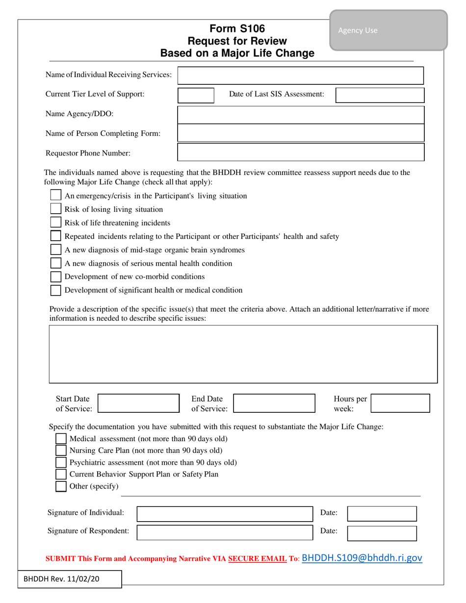 Form S106 Request for Review Based on a Major Life Change - Rhode Island, Page 1