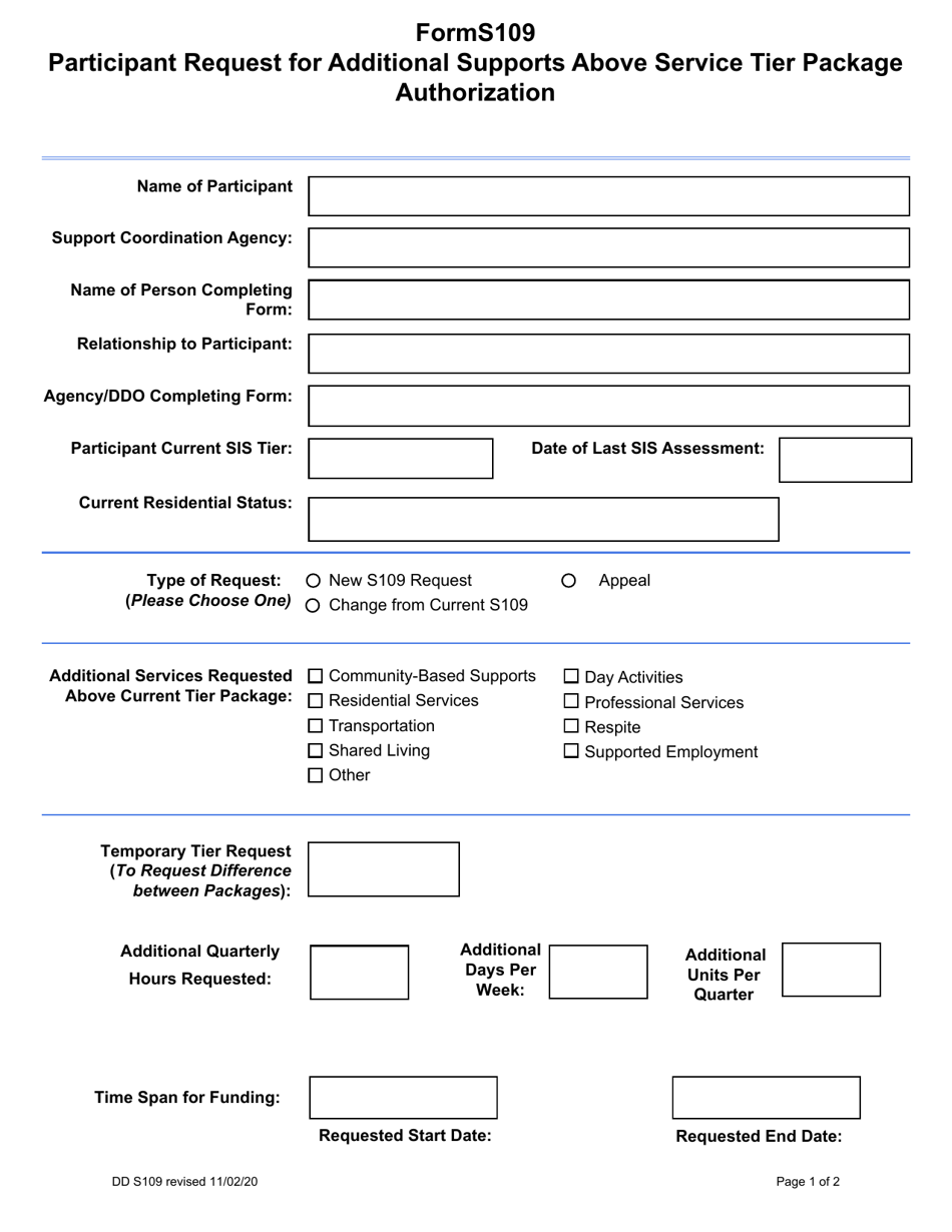 Form S109 Participant Request for Additional Supports Above Service Tier Package Authorization - Rhode Island, Page 1