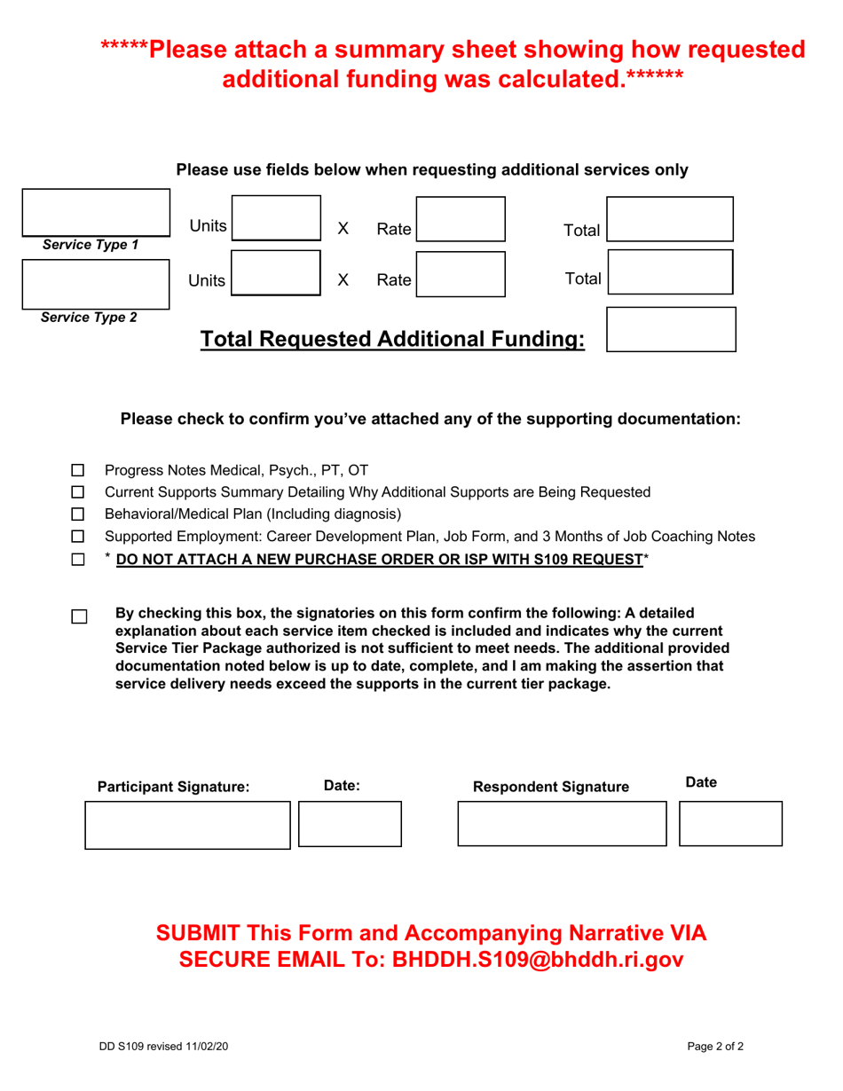 Form S109 Participant Request for Additional Supports Above Service Tier Package Authorization - Rhode Island, Page 2