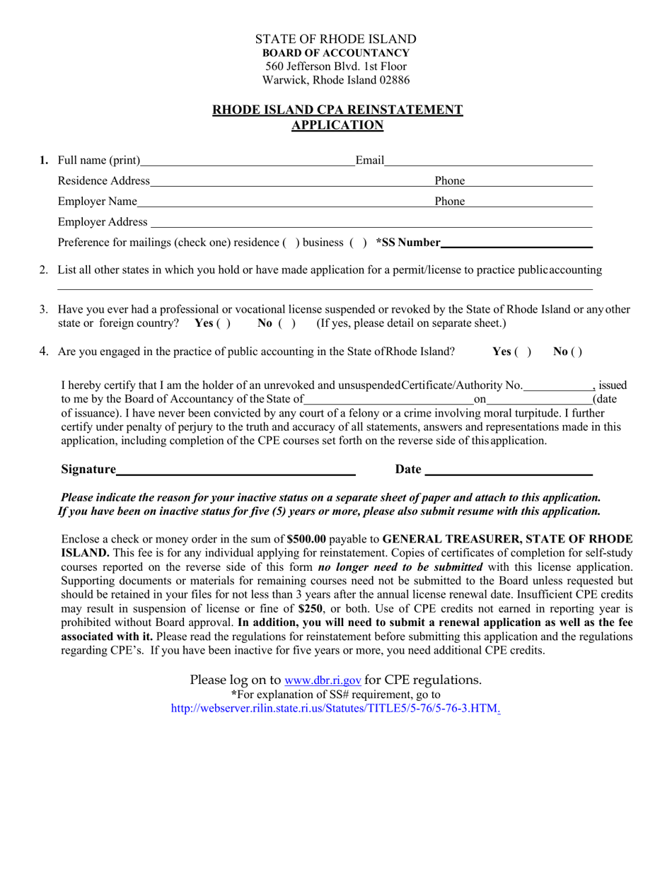 Rhode Island CPA Reinstatement Application - Rhode Island, Page 1
