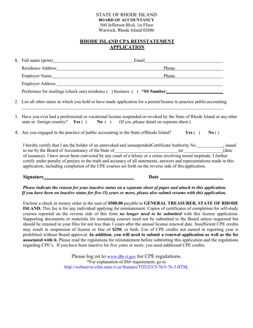 Rhode Island CPA Reinstatement Application - Rhode Island