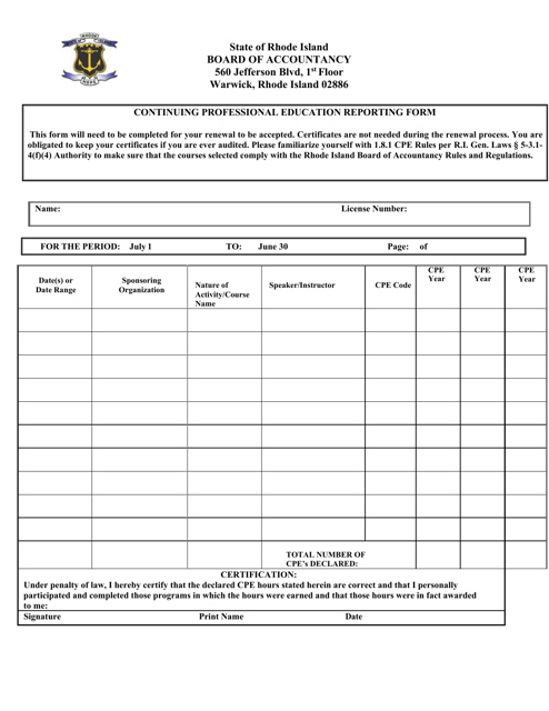 Continuing Professional Education Reporting Form - Rhode Island Download Pdf