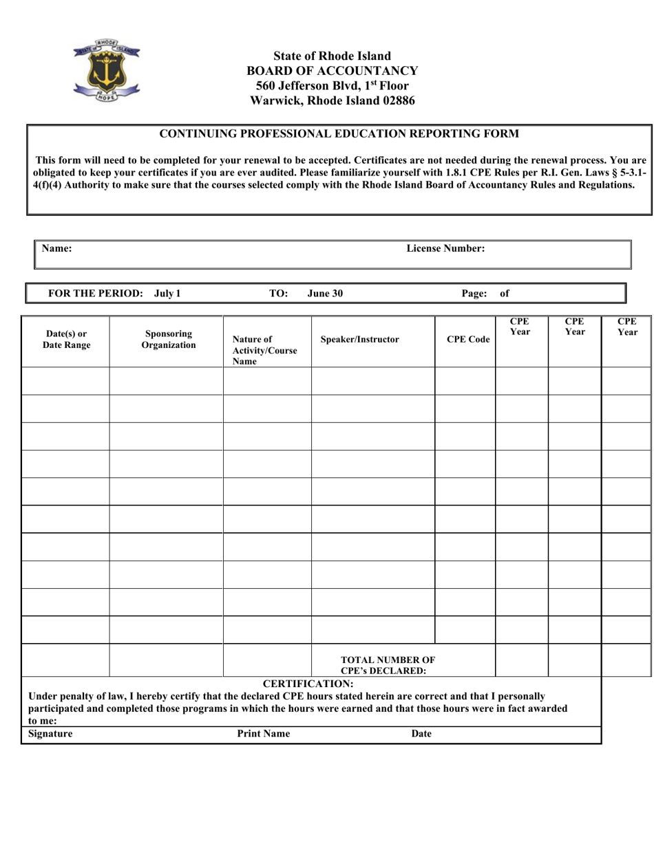 Continuing Professional Education Reporting Form - Rhode Island, Page 1