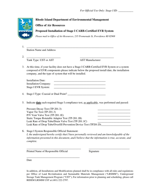 Proposed Installation of Stage I Carb-Certified Evr System - Rhode Island