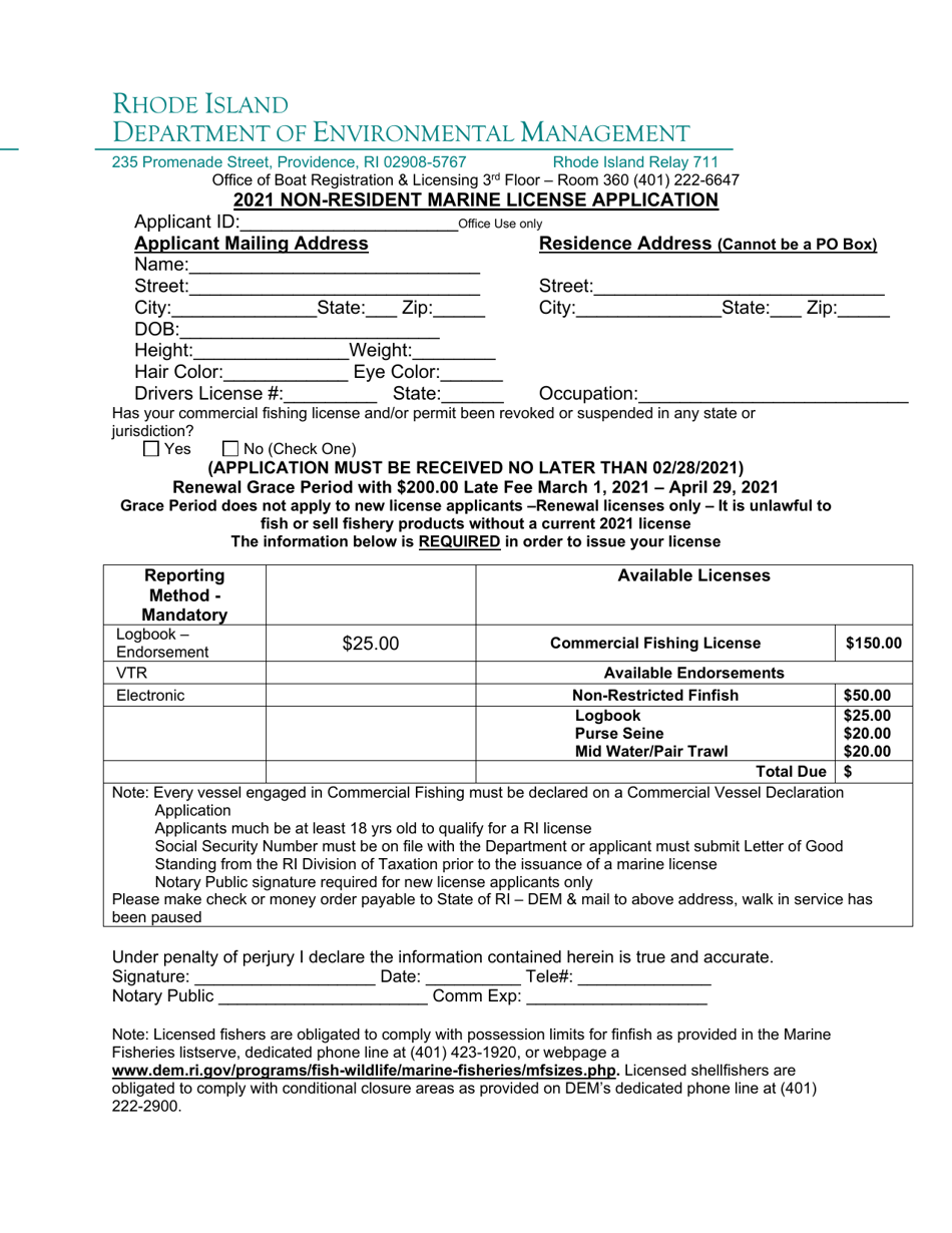 Non-resident Marine License Application - Rhode Island, Page 1