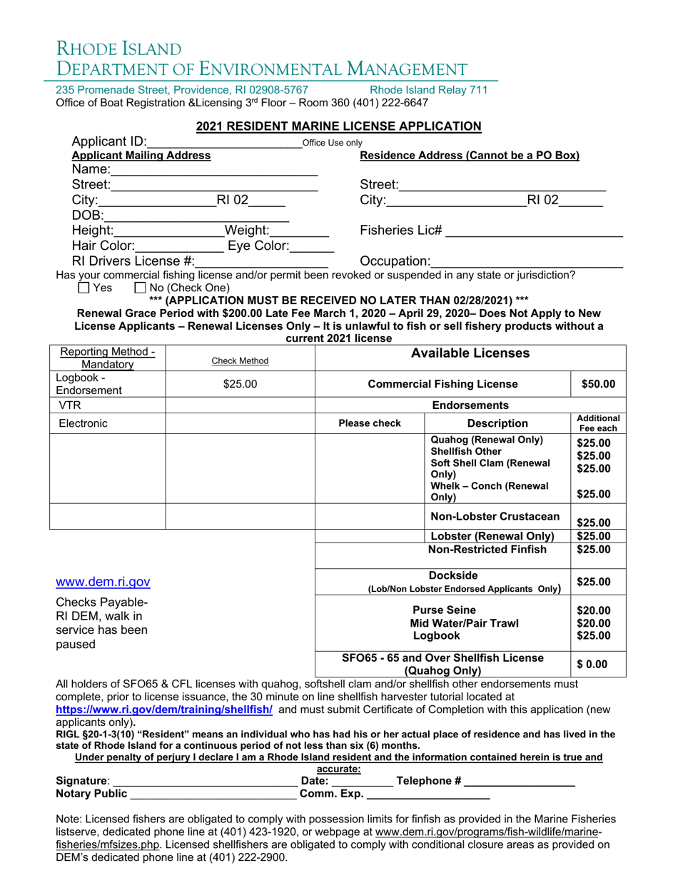 Resident Marine License Application - Rhode Island, Page 1