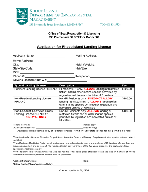 Application for Rhode Island Landing License - Rhode Island Download Pdf