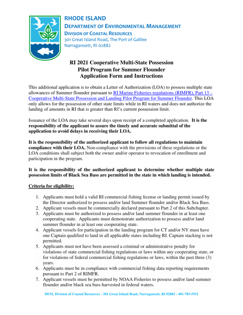 Cooperative Multi-State Possession Pilot Program for Summer Flounder Application - Rhode Island, 2021