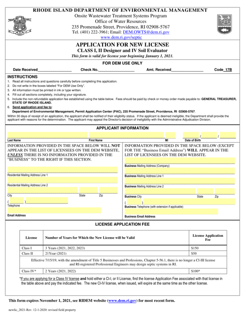 Application for a New License (Class I, II Designer and IV Soil Evaluator) - Rhode Island Download Pdf
