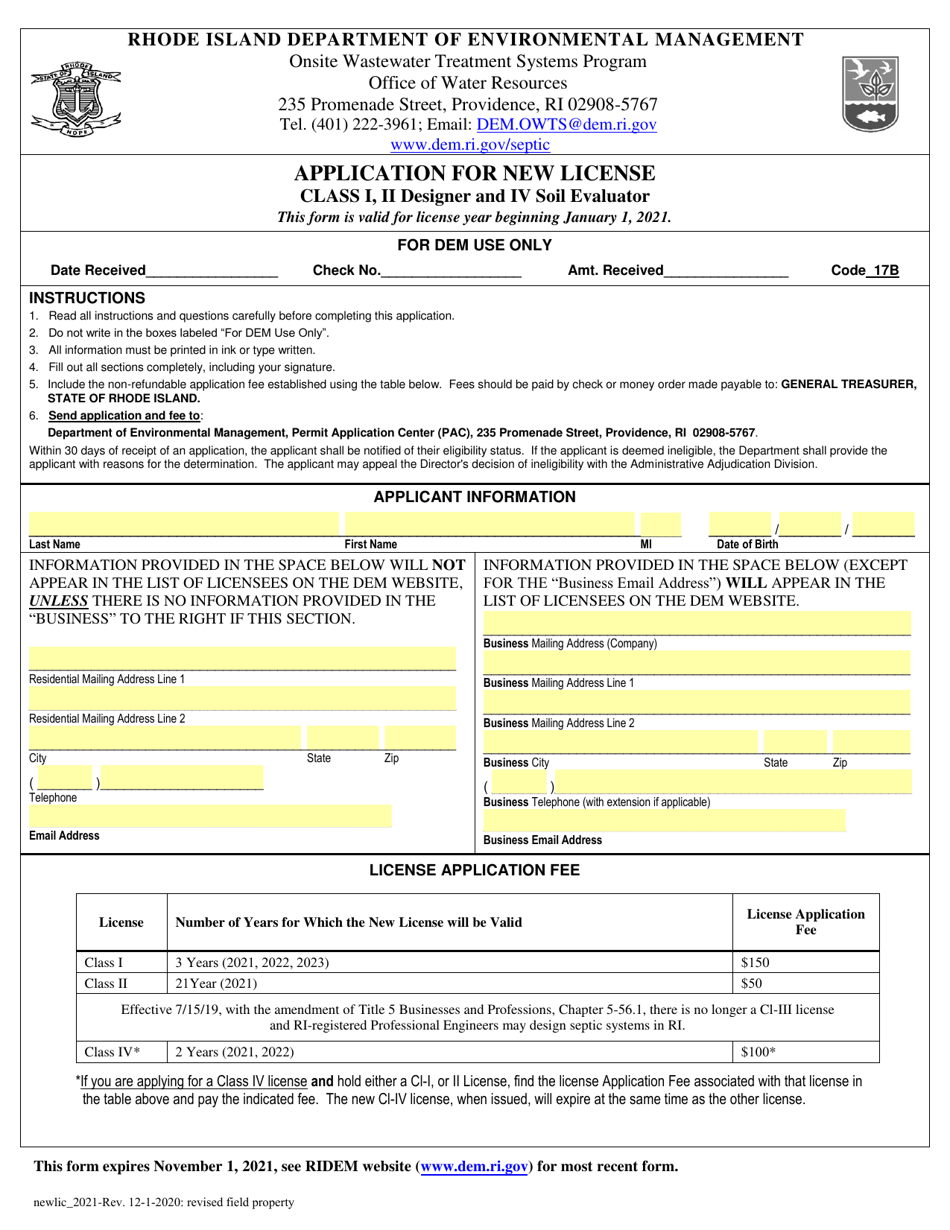 Application for a New License (Class I, II Designer and IV Soil Evaluator) - Rhode Island, Page 1