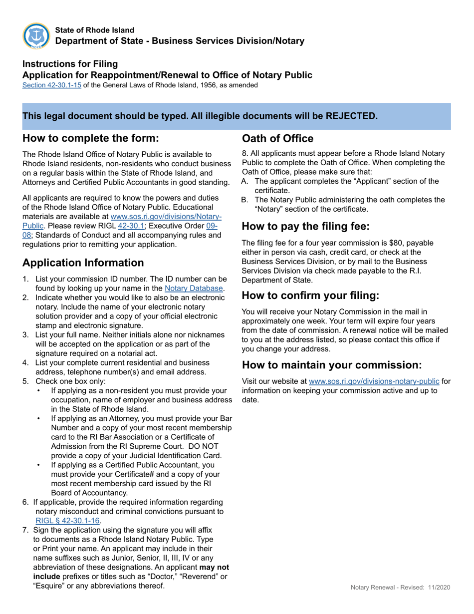 Rhode Island Application for Reappointment/Renewal to Office of Notary