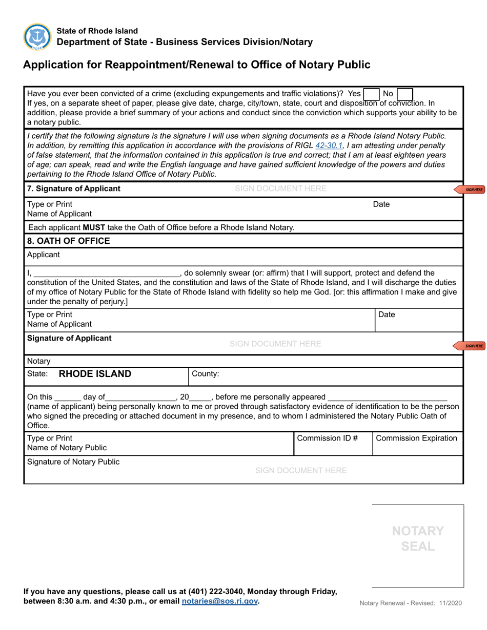 Application for Reappointment / Renewal to Office of Notary Public - Rhode Island, Page 3