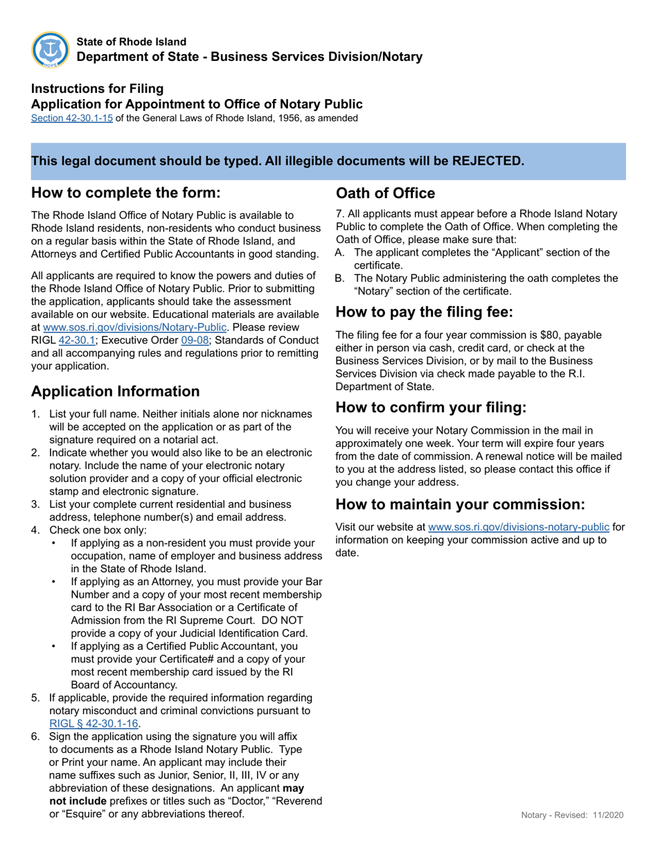Rhode Island Application for Appointment to Office of Notary Public