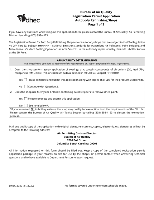 DHEC Form 2089 Registration Permit Request for Auto Body Refinishing Shops - South Carolina