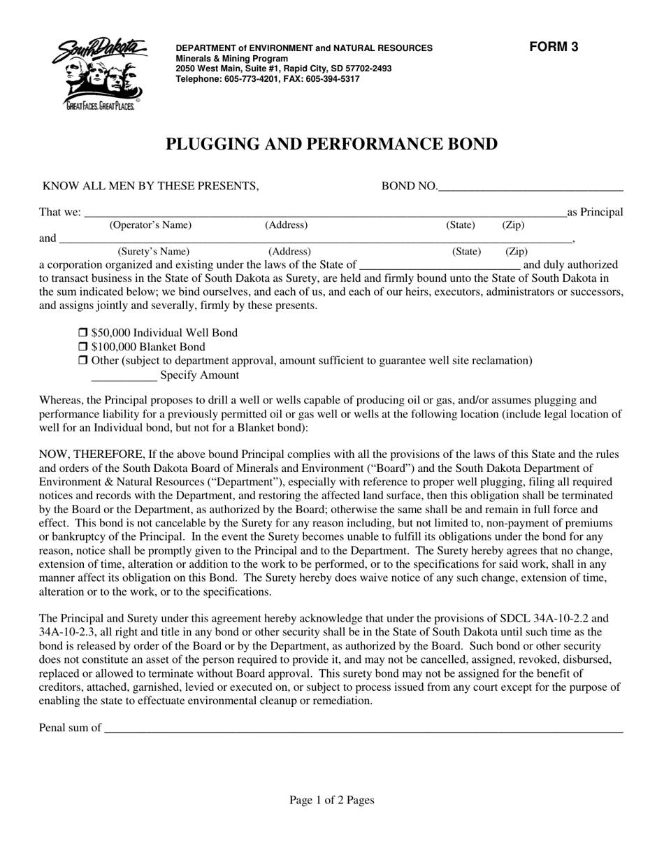 Form 3 Plugging and Performance Bond - South Dakota, Page 1