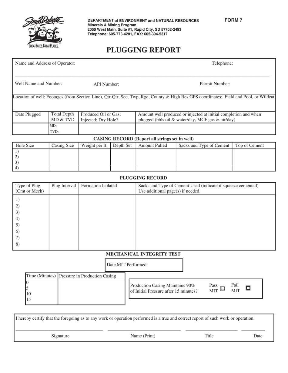 Form 7 Plugging Report - South Dakota, Page 1