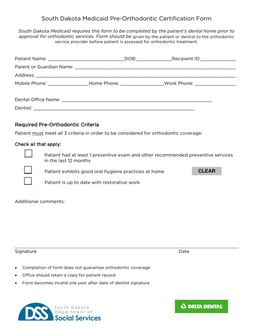 South Dakota Medicaid Pre-orthodontic Certification Form - South Dakota Download Pdf