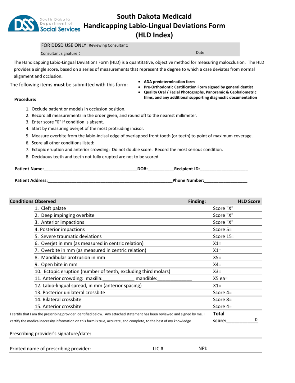 South Dakota Medicaid Handicapping Labio-Lingual Deviations Form (Hld Index) - South Dakota, Page 1