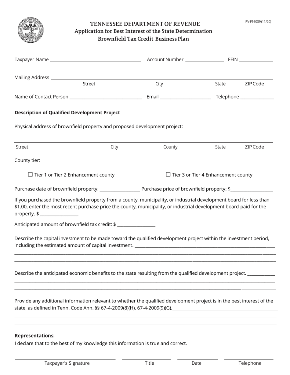 Form RV-F16039 Application for Best Interest of the State Determination Brownfield Tax Credit Business Plan - Tennessee, Page 1