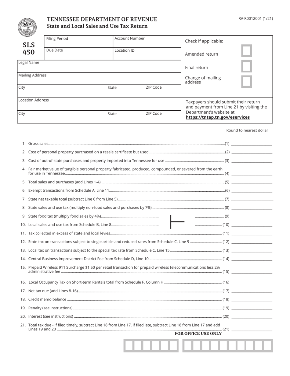 Form SLS450 (RV-R0012001) State and Local Sales and Use Tax Return - Tennessee, Page 1
