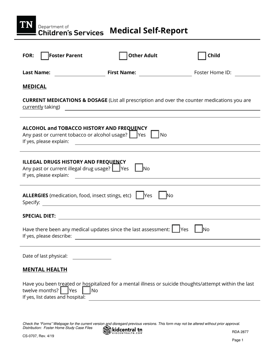 Form CS-0707 Medical Self-report - Tennessee, Page 1