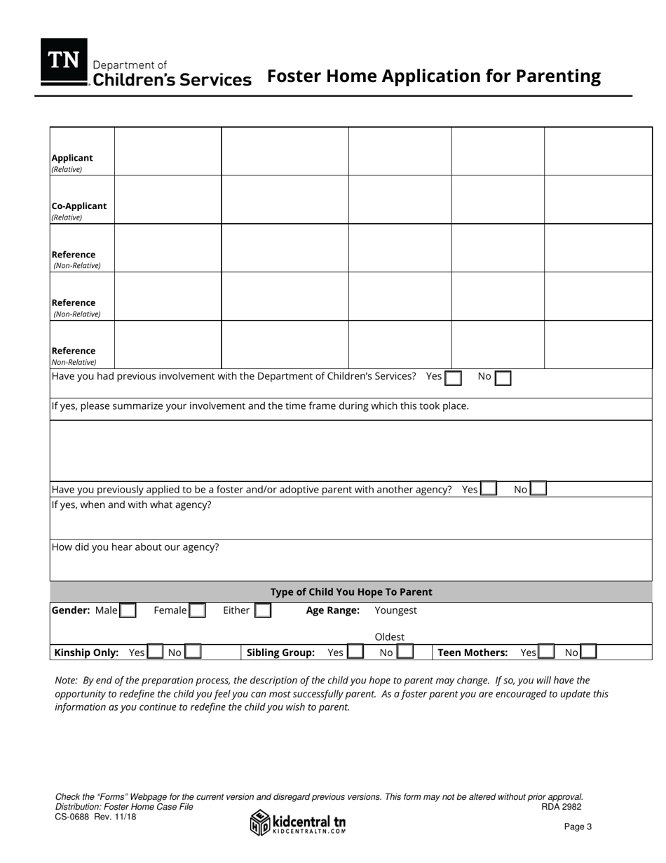 Form CS-0688 Foster Home Application for Parenting - Tennessee, Page 3