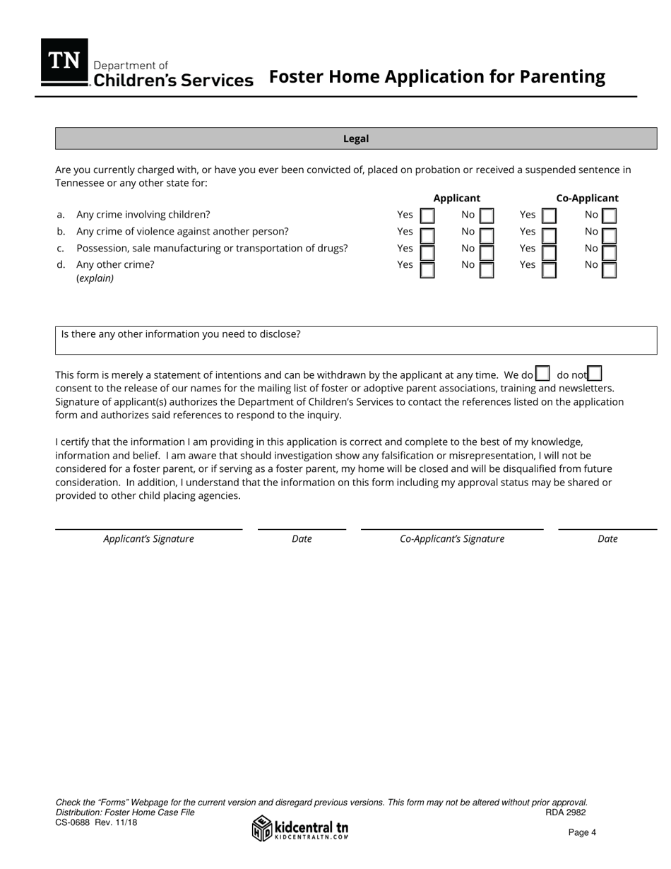 Form CS-0688 Foster Home Application for Parenting - Tennessee, Page 4