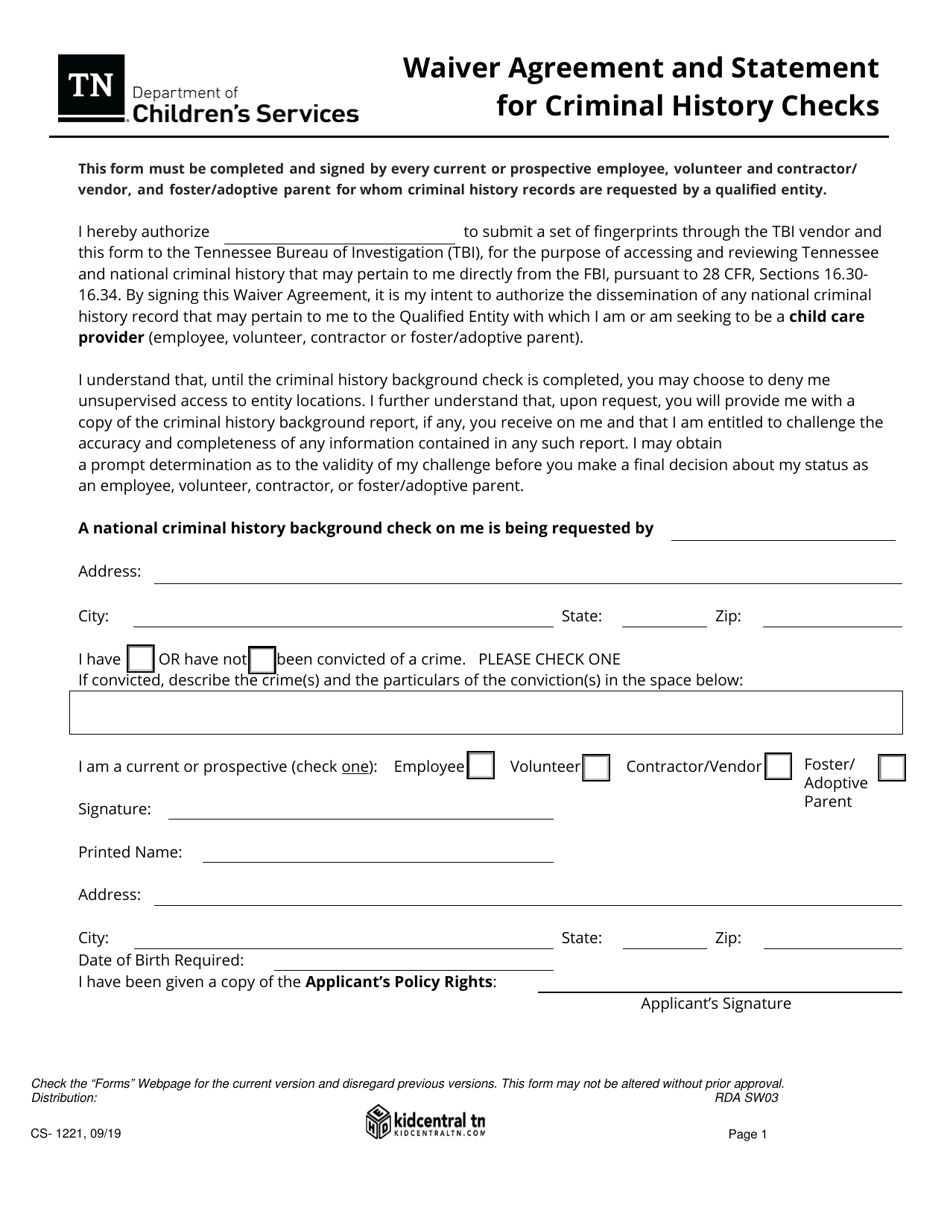 Form CS-1221 Waiver Agreement and Statement for Criminal History Checks - Tennessee, Page 1