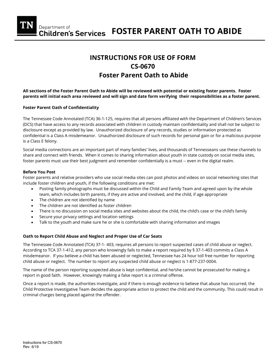 Form CS-0670 Foster Parent Oath to Abide - Tennessee, Page 3