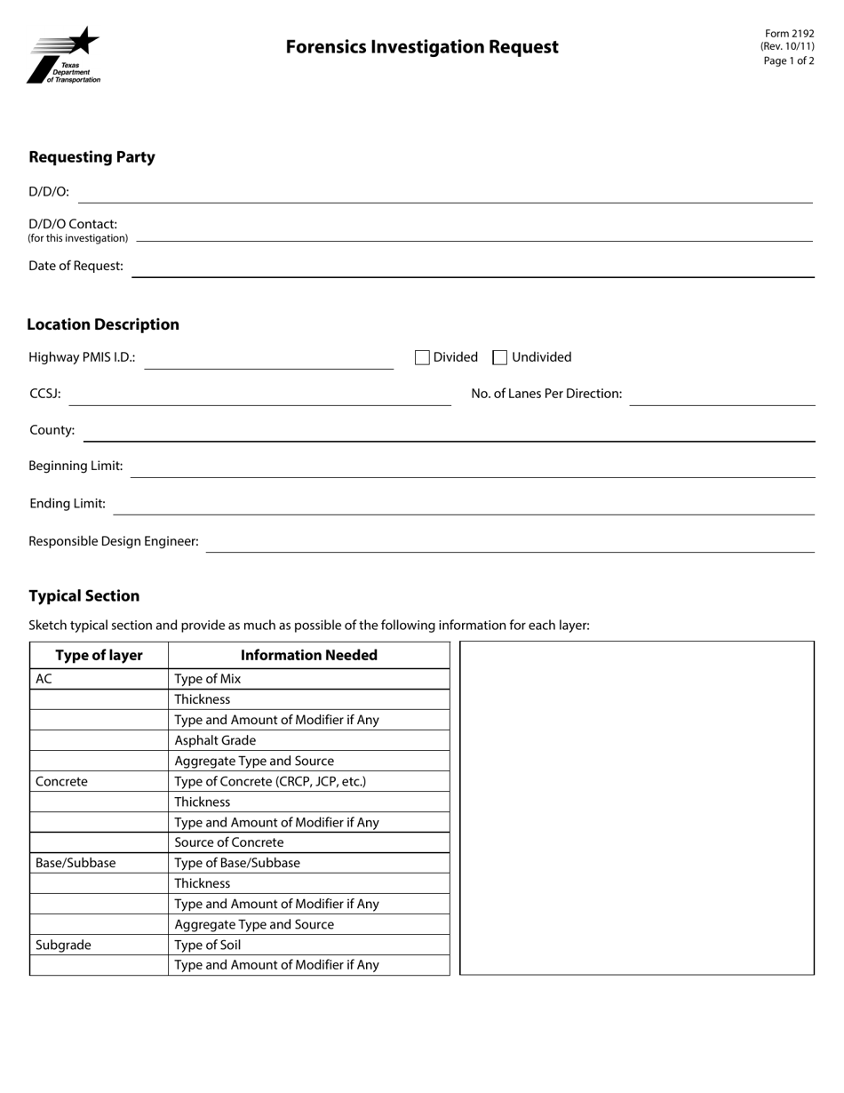 Form 2192 Forensics Investigation Request - Texas, Page 1