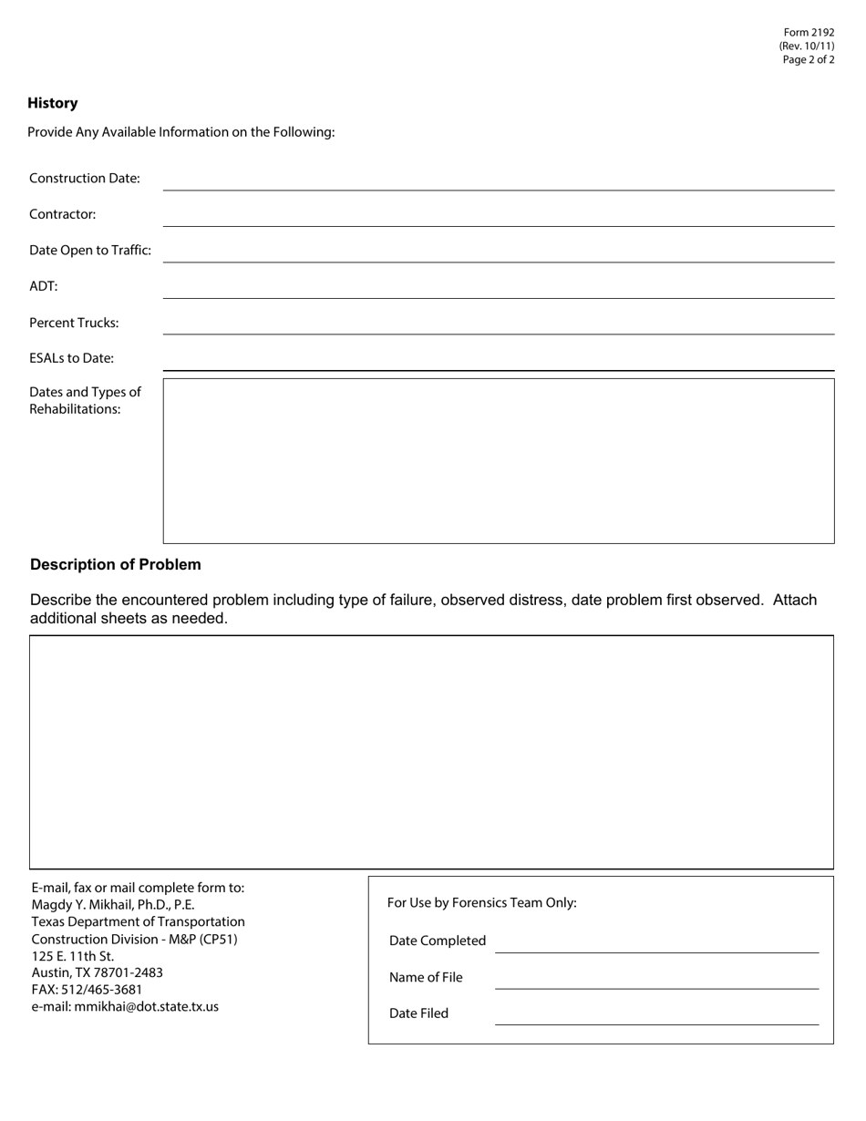Form 2192 Forensics Investigation Request - Texas, Page 2